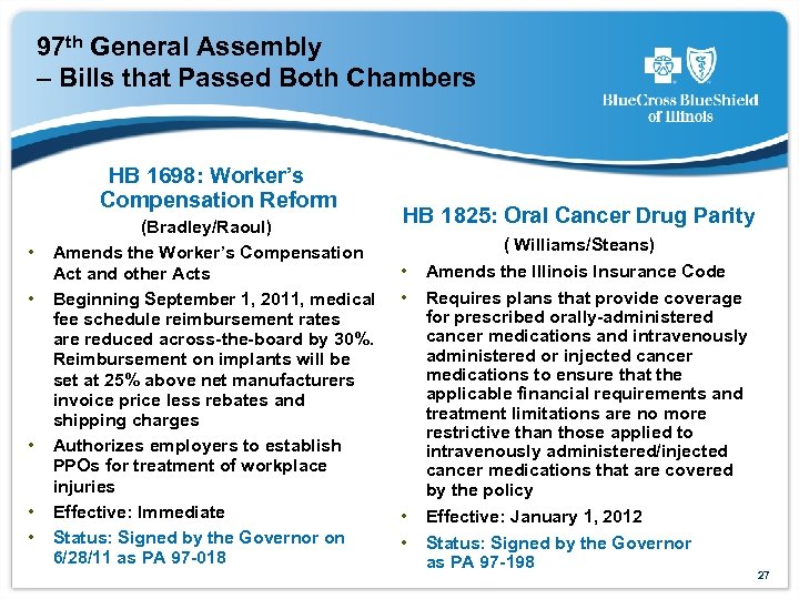 97 th General Assembly – Bills that Passed Both Chambers HB 1698: Worker’s Compensation