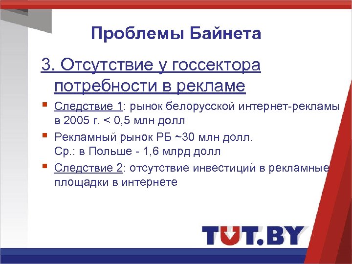 Проблемы Байнета 3. Отсутствие у госсектора потребности в рекламе § § § Следствие 1: