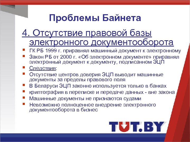 Проблемы Байнета 4. Отсутствие правовой базы электронного документооборота § § § § ГК РБ