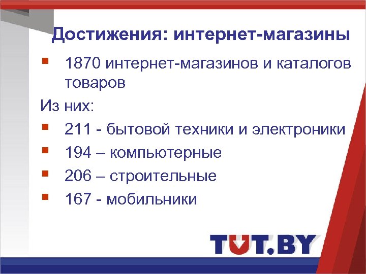 Достижения: интернет-магазины § 1870 интернет-магазинов и каталогов товаров Из них: § 211 - бытовой