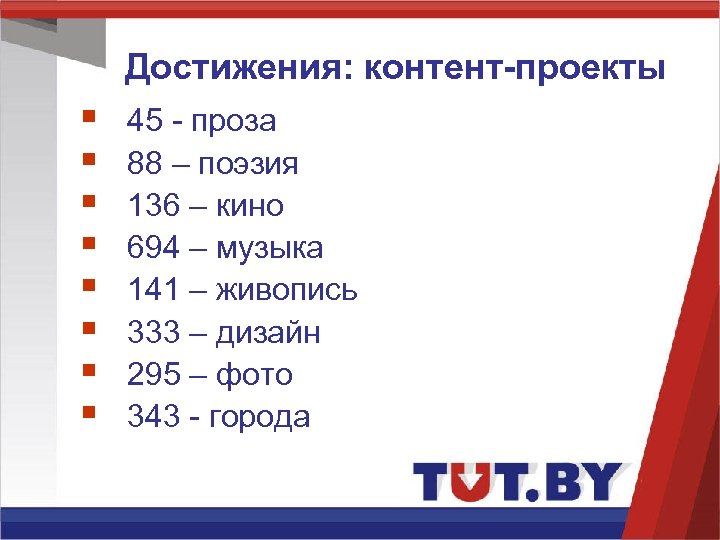 Достижения: контент-проекты § § § § 45 - проза 88 – поэзия 136 –