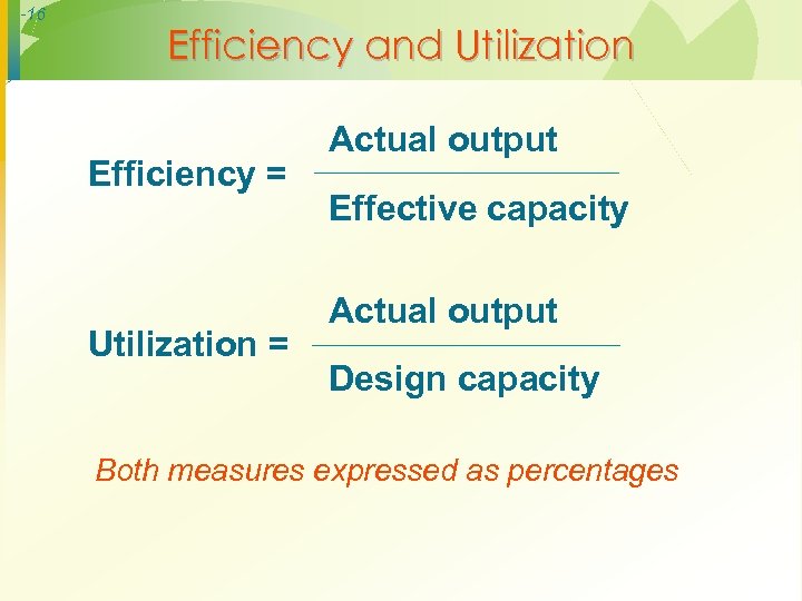 -16 Efficiency and Utilization Efficiency = Utilization = Actual output Effective capacity Actual output