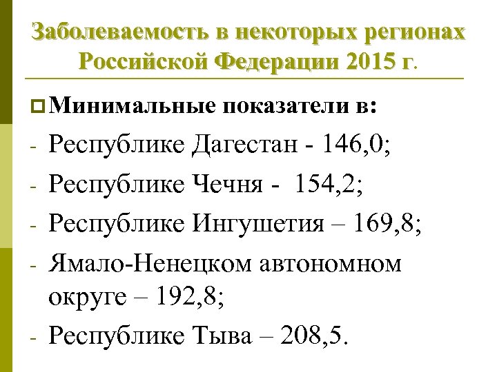 Заболеваемость в некоторых регионах Российской Федерации 2015 г. p Минимальные - показатели в: Республике