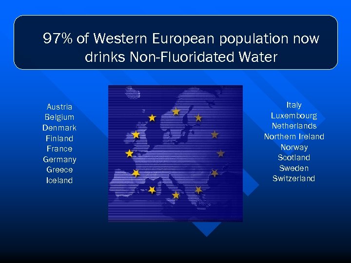 97% of Western European population now drinks Non-Fluoridated Water Austria Belgium Denmark Finland France