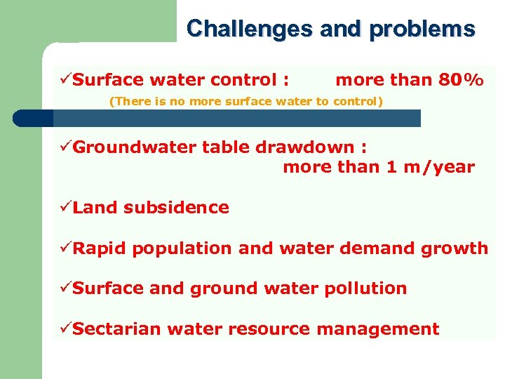 Challenges and problems üSurface water control : more than 80% (There is no more