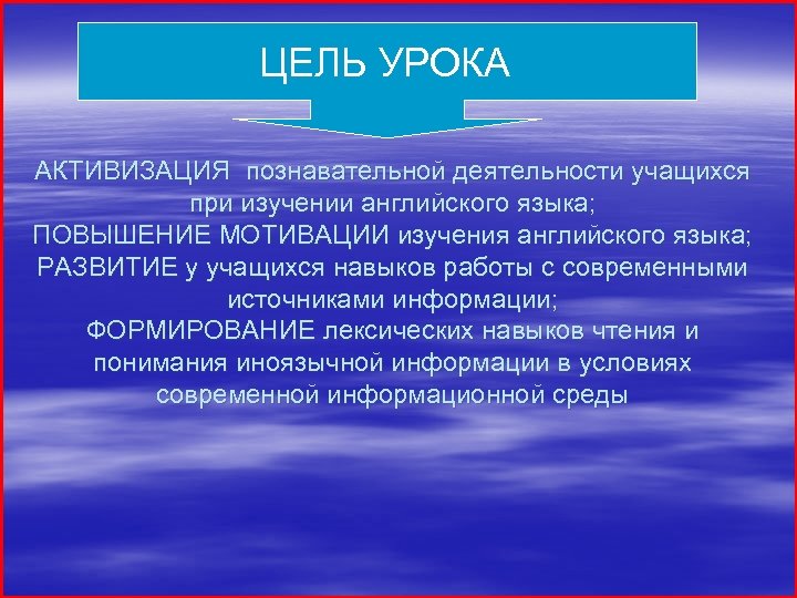 ЦЕЛЬ УРОКА АКТИВИЗАЦИЯ познавательной деятельности учащихся при изучении английского языка; ПОВЫШЕНИЕ МОТИВАЦИИ изучения английского