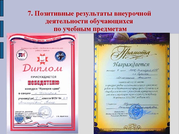 7. Позитивные результаты внеурочной деятельности обучающихся по учебным предметам 