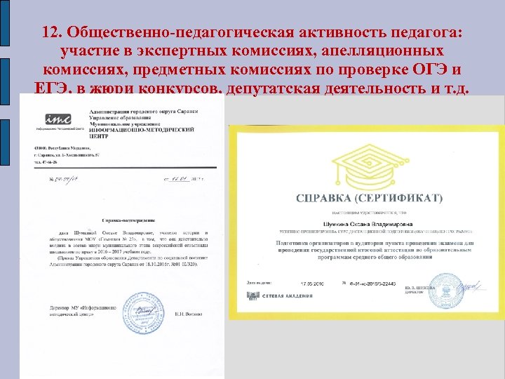 12. Общественно-педагогическая активность педагога: участие в экспертных комиссиях, апелляционных комиссиях, предметных комиссиях по проверке
