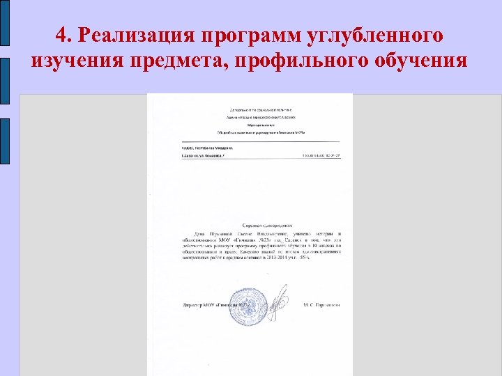4. Реализация программ углубленного изучения предмета, профильного обучения 