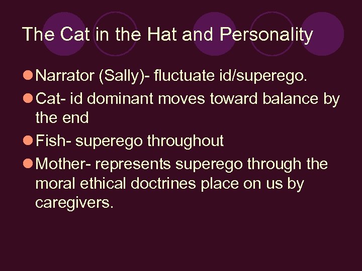 The Cat in the Hat and Personality l Narrator (Sally)- fluctuate id/superego. l Cat-