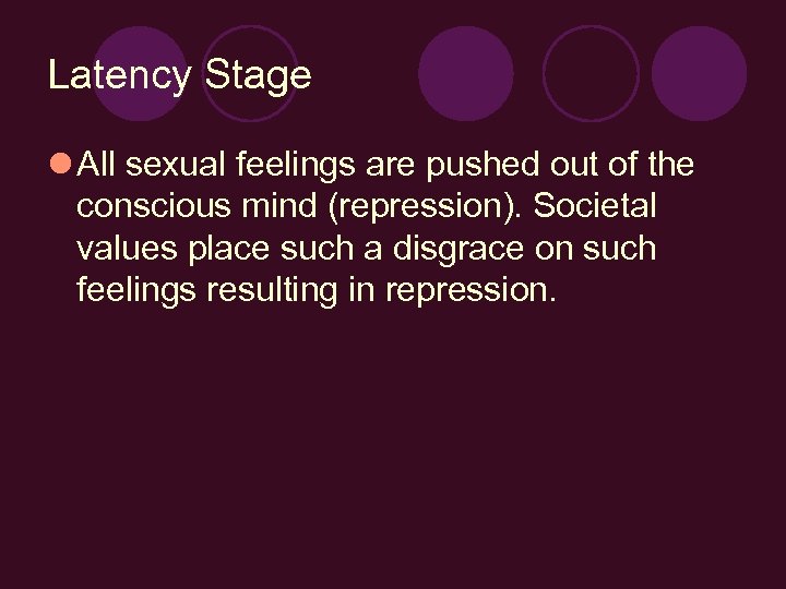 Latency Stage l All sexual feelings are pushed out of the conscious mind (repression).