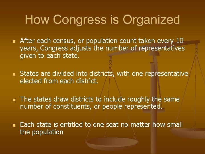 How Congress is Organized n n After each census, or population count taken every