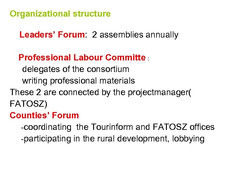 Organizational structure Leaders’ Forum: 2 assemblies annually Professional Labour Committe : delegates of the