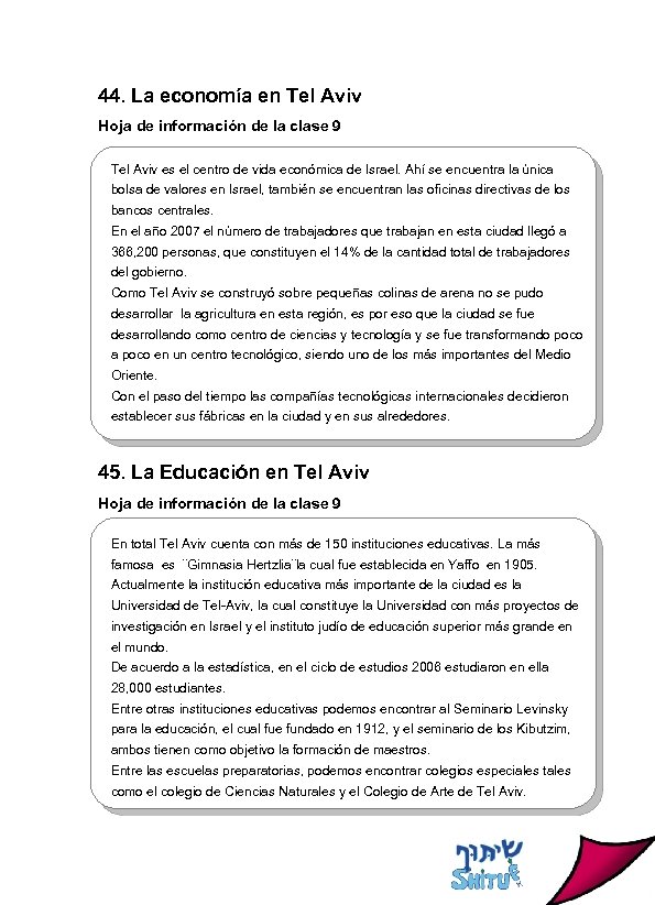 44. La economía en Tel Aviv Hoja de información de la clase 9 Tel