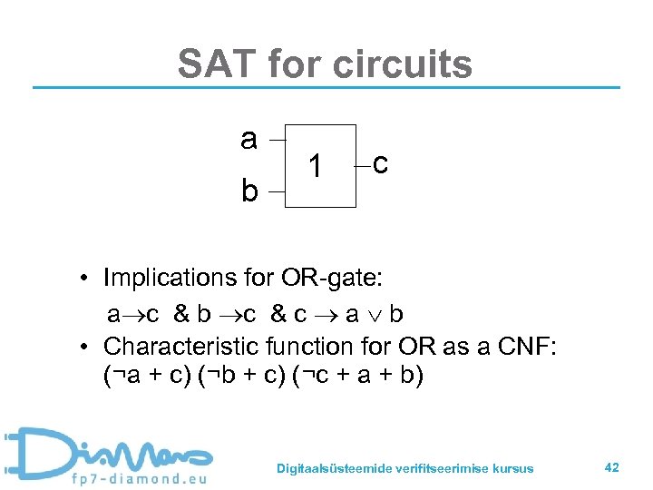 SAT for circuits a b 1 c • Implications for OR-gate: a c &
