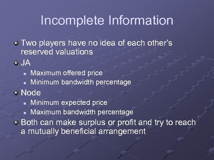 Incomplete Information Two players have no idea of each other’s reserved valuations JA n