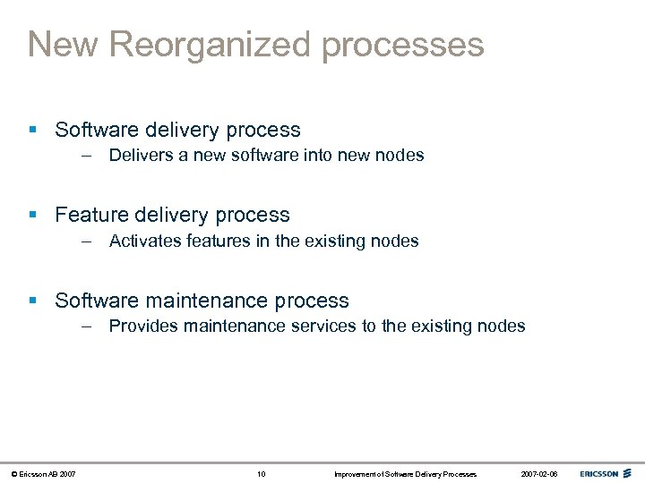 New Reorganized processes § Software delivery process – Delivers a new software into new