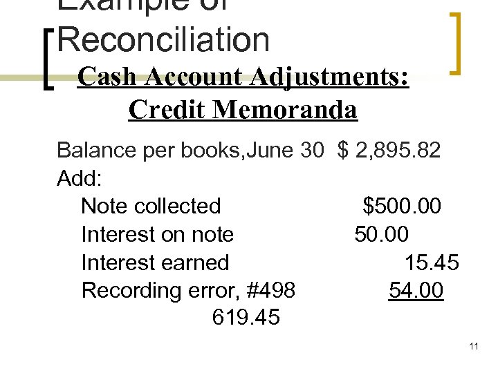 Example of Reconciliation Cash Account Adjustments: Credit Memoranda Balance per books, June 30 $