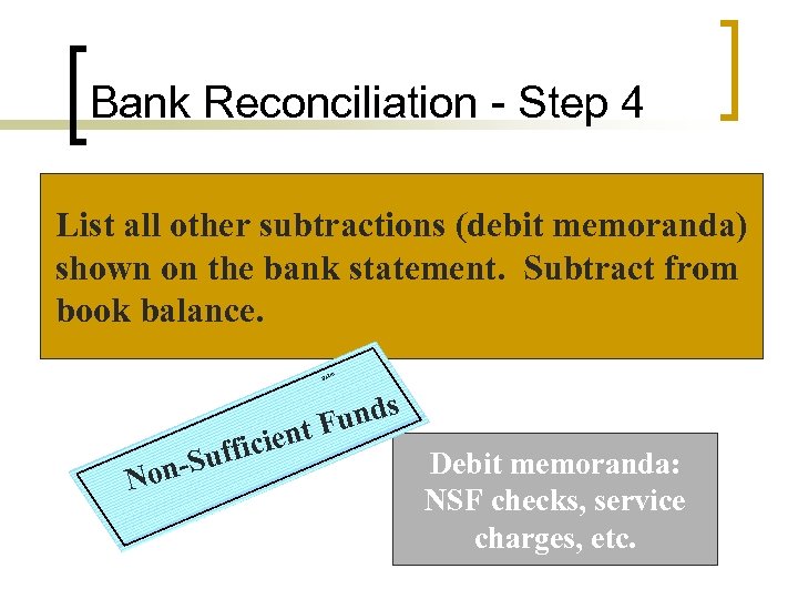 Bank Reconciliation - Step 4 List all other subtractions (debit memoranda) shown on the