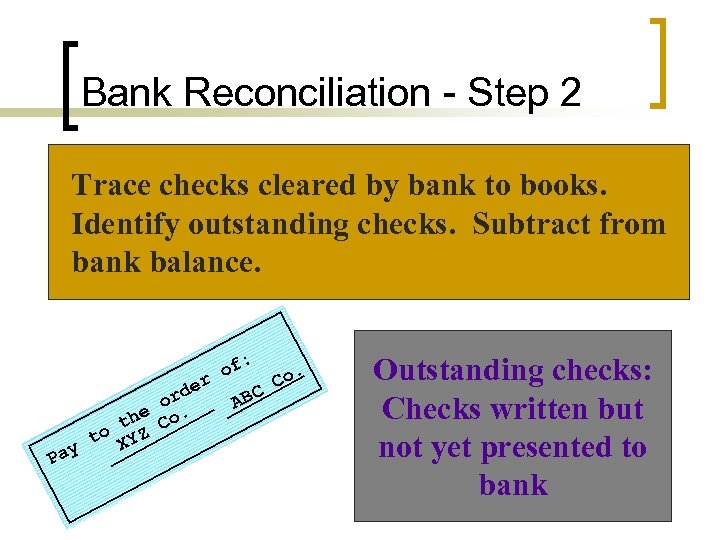 Bank Reconciliation - Step 2 Trace checks cleared by bank to books. Identify outstanding