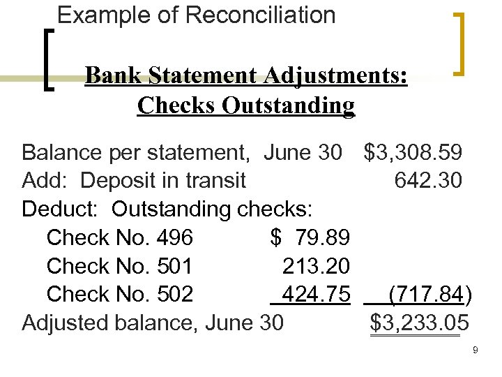 Example of Reconciliation Bank Statement Adjustments: Checks Outstanding Balance per statement, June 30 $3,