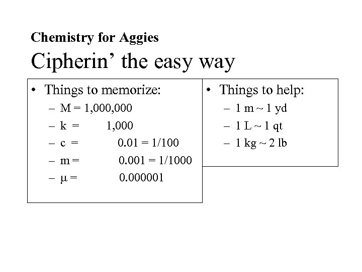 Chemistry for Aggies Cipherin’ the easy way • Things to memorize: – – –