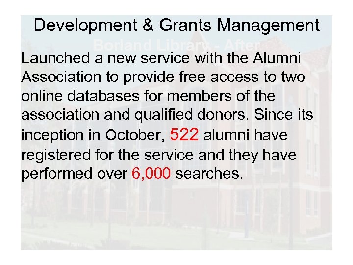 Development & Grants Management Borland Library - After Launched a new service with the