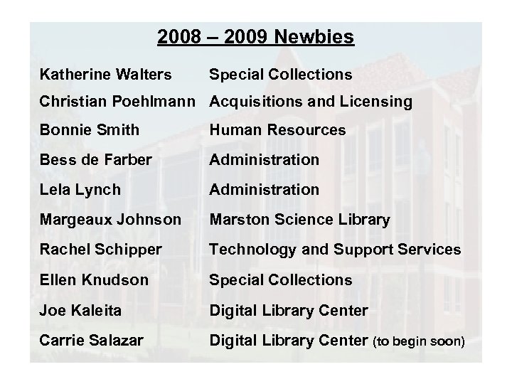 2008 – 2009 Newbies Katherine Walters Special Collections Christian Poehlmann Acquisitions and Licensing Bonnie
