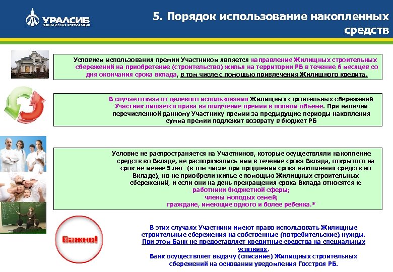5. Порядок использование накопленных средств Условием использования премии Участником является направление Жилищных строительных сбережений
