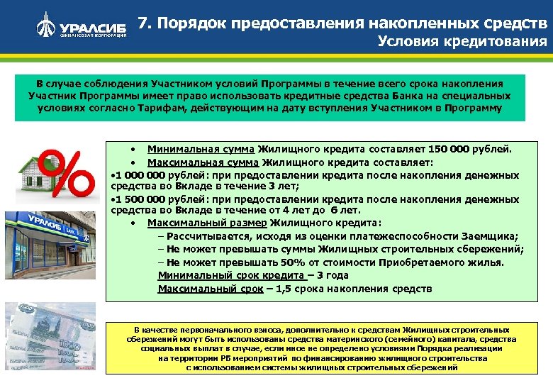 7. Порядок предоставления накопленных средств Условия кредитования В случае соблюдения Участником условий Программы в