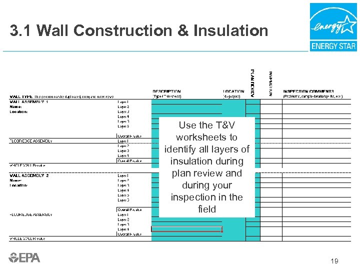 3. 1 Wall Construction & Insulation Use the T&V worksheets to identify all layers