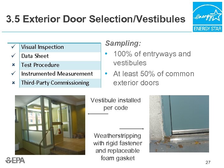 3. 5 Exterior Door Selection/Vestibules Visual Inspection Data Sheet Test Procedure Instrumented Measurement Third-Party