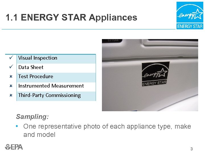 1. 1 ENERGY STAR Appliances Visual Inspection Data Sheet Test Procedure Instrumented Measurement Third-Party