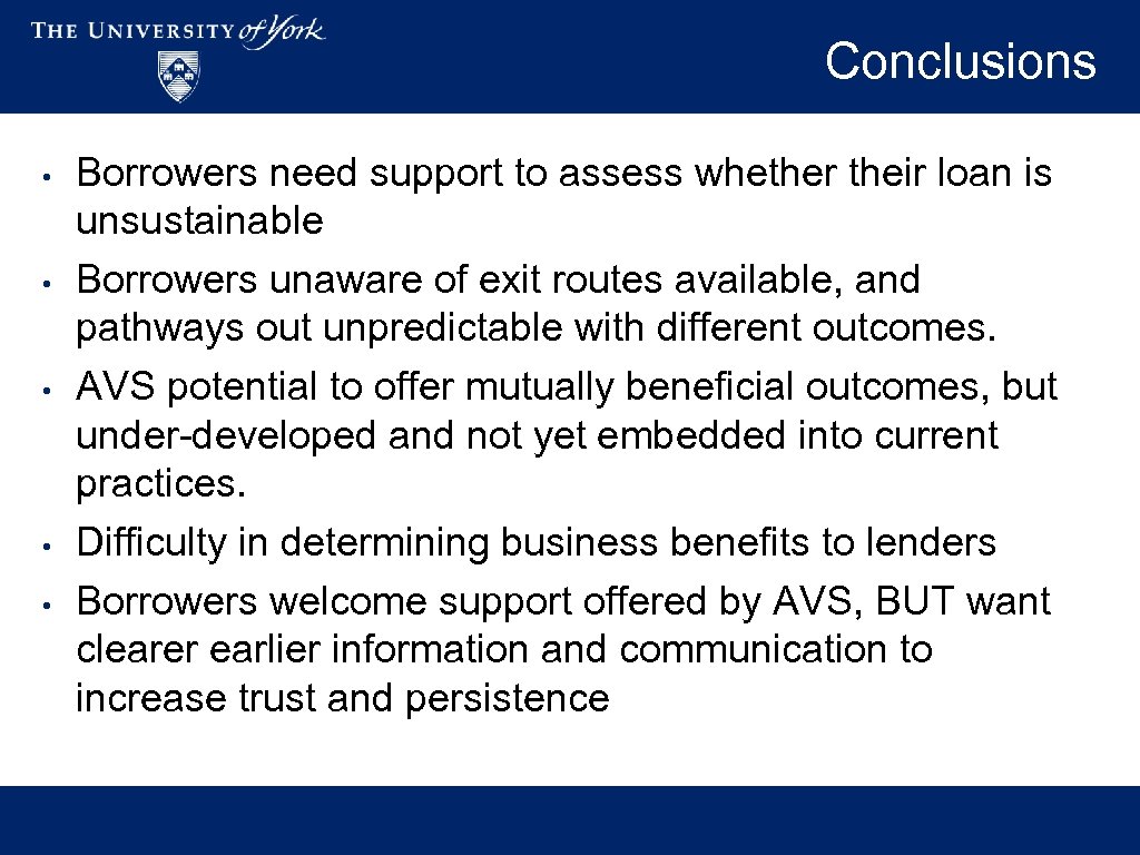 Conclusions • • • Borrowers need support to assess whether their loan is unsustainable
