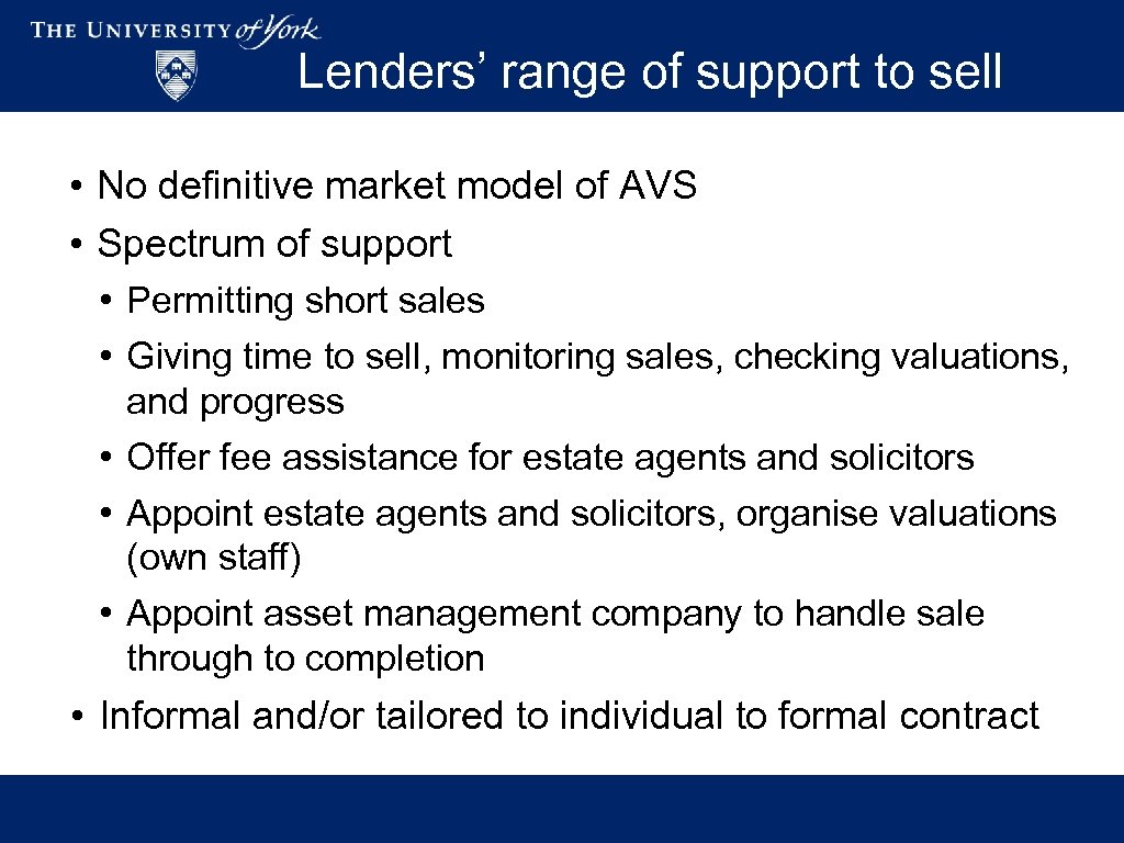 Lenders’ range of support to sell • No definitive market model of AVS •