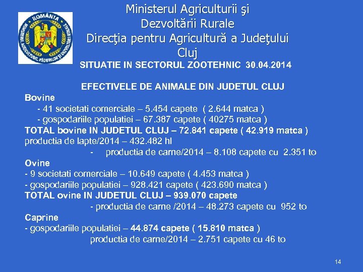 Ministerul Agriculturii şi Dezvoltării Rurale Direcţia pentru Agricultură a Judeţului Cluj SITUATIE IN SECTORUL