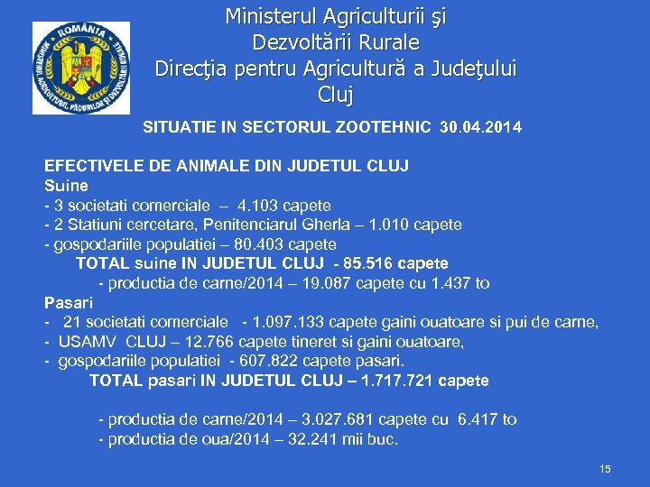 Ministerul Agriculturii şi Dezvoltării Rurale Direcţia pentru Agricultură a Judeţului Cluj SITUATIE IN SECTORUL