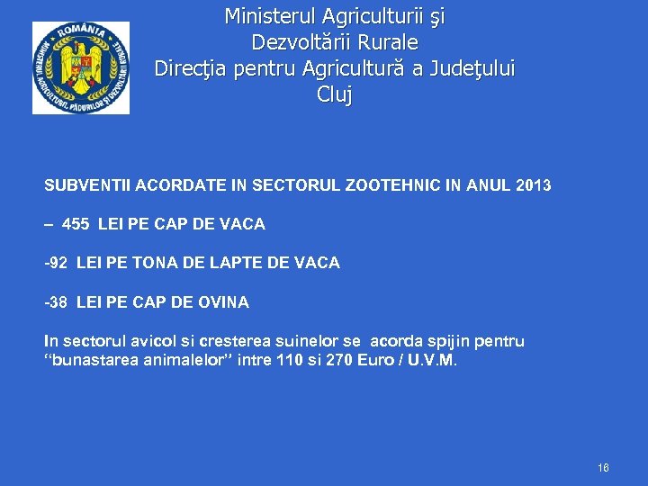 Ministerul Agriculturii şi Dezvoltării Rurale Direcţia pentru Agricultură a Judeţului Cluj SUBVENTII ACORDATE IN