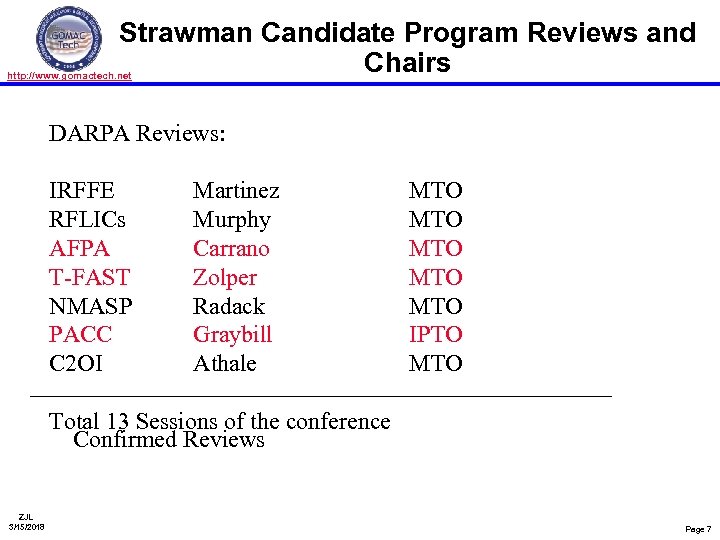 Strawman Candidate Program Reviews and Chairs http: //www. gomactech. net DARPA Reviews: IRFFE RFLICs