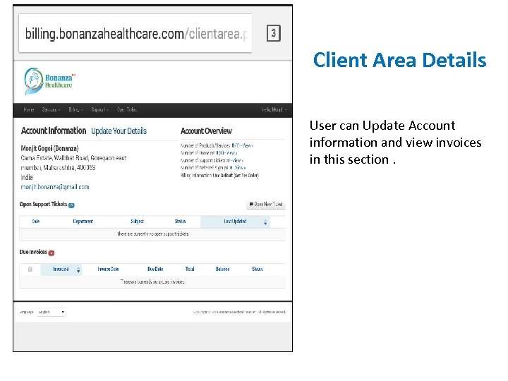 Client Area Details User can Update Account information and view invoices in this section.