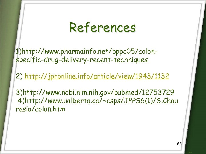 References 1)http: //www. pharmainfo. net/pppc 05/colonspecific-drug-delivery-recent-techniques 2) http: //jpronline. info/article/view/1943/1132 3)http: //www. ncbi. nlm.