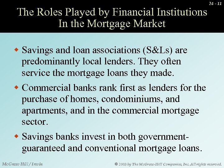 The Roles Played by Financial Institutions In the Mortgage Market 24 - 11 w