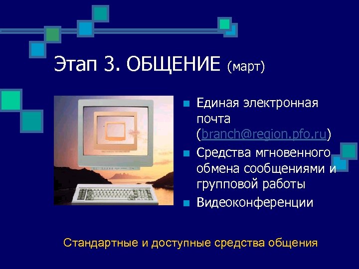 Этап 3. ОБЩЕНИЕ n n n (март) Единая электронная почта (branch@region. pfo. ru) Средства