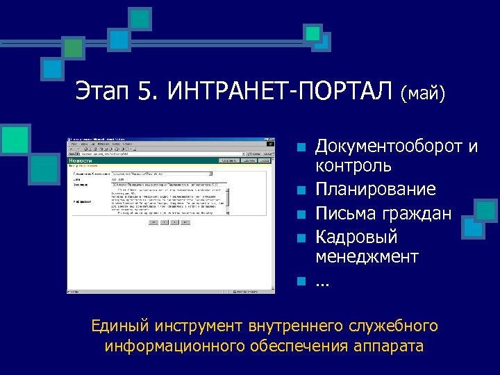 Этап 5. ИНТРАНЕТ-ПОРТАЛ n n n (май) Документооборот и контроль Планирование Письма граждан Кадровый