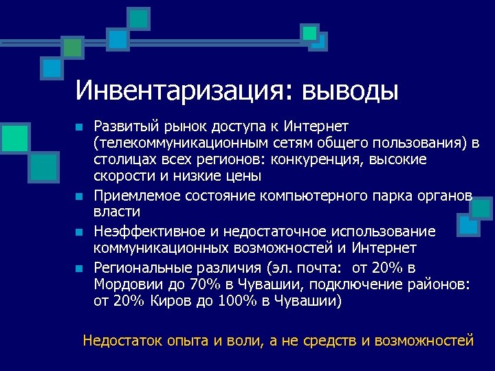 Инвентаризация: выводы n n Развитый рынок доступа к Интернет (телекоммуникационным сетям общего пользования) в