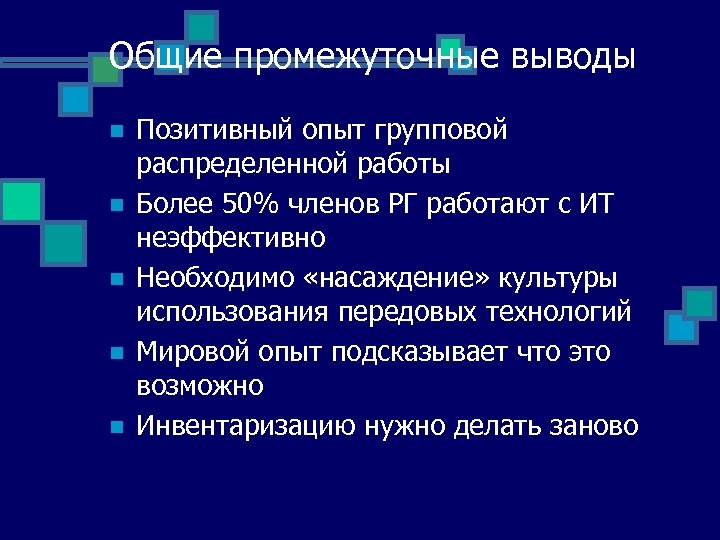 Общие промежуточные выводы n n n Позитивный опыт групповой распределенной работы Более 50% членов