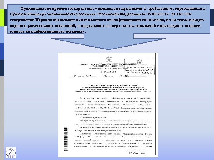 Функционально процесс тестирования максимально приближен к требованиям, определенным в Приказе Министра экономического развития Российской