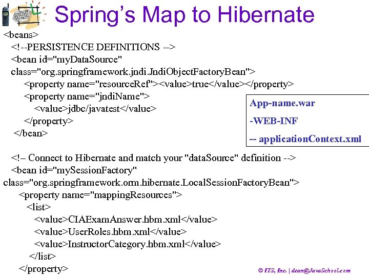 Spring’s Map to Hibernate <beans> <!--PERSISTENCE DEFINITIONS --> <bean id="my. Data. Source" class="org. springframework.