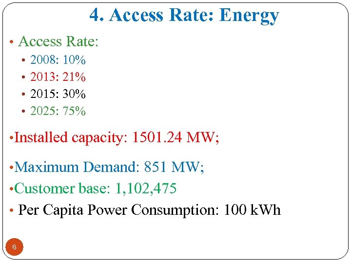 4. Access Rate: Energy • Access Rate: • 2008: 10% • 2013: 21% •