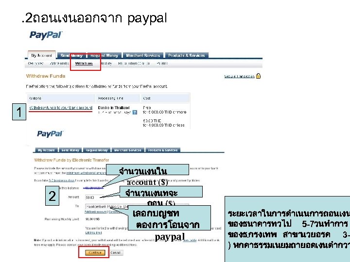 . 2ถอนเงนออกจาก paypal 1 2 จำนวนเงนใน account ($) จำนวนเงนทจะ ถอน ($) เลอกบญชท ตองการโอนจาก paypal